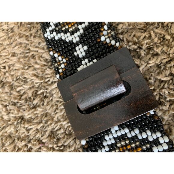 Express Beaded Mosiac Diamond Print Belt Womens Sz M Wooden Buckle Boho Western - Picture 2 of 8